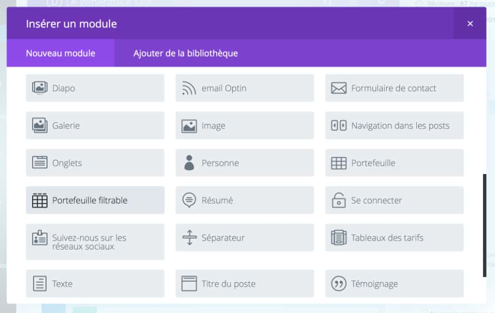 thème WordPress DIVI: différents modules pour la création d'un site web